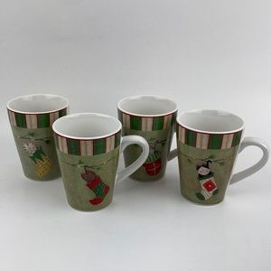 Oneida Fiddlestix Stocking Cats Christmas Coffee Mugs set of 4